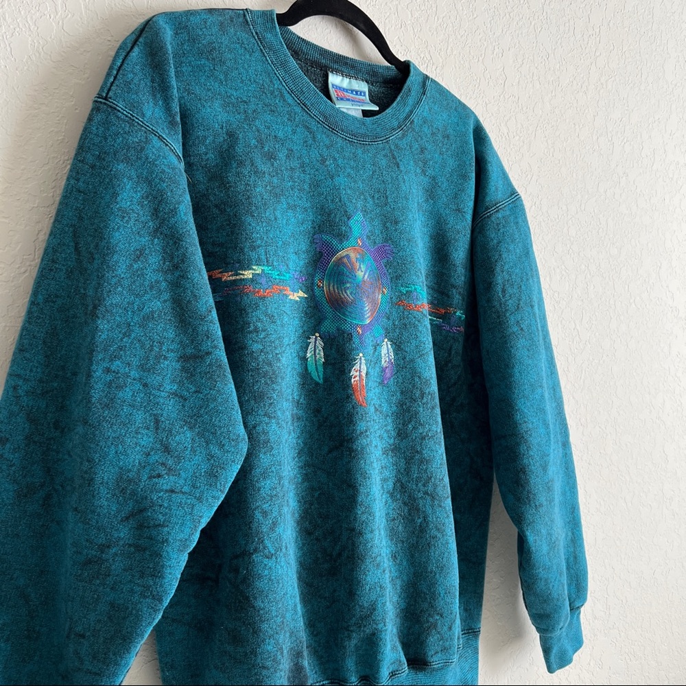Vintage Hanes Sea Turtle Pullover Sweatshirt Feathers Tribal Turquoise/B… - Picture 5 of 8